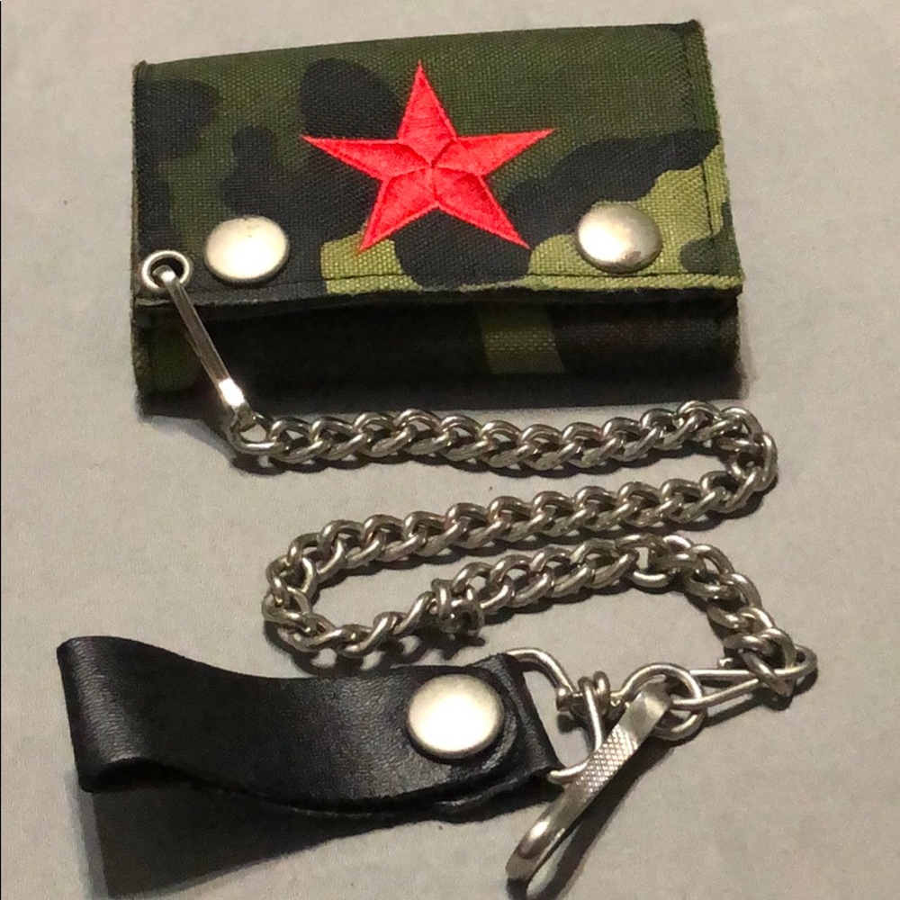Camo red star embroidered biker leather wallet.